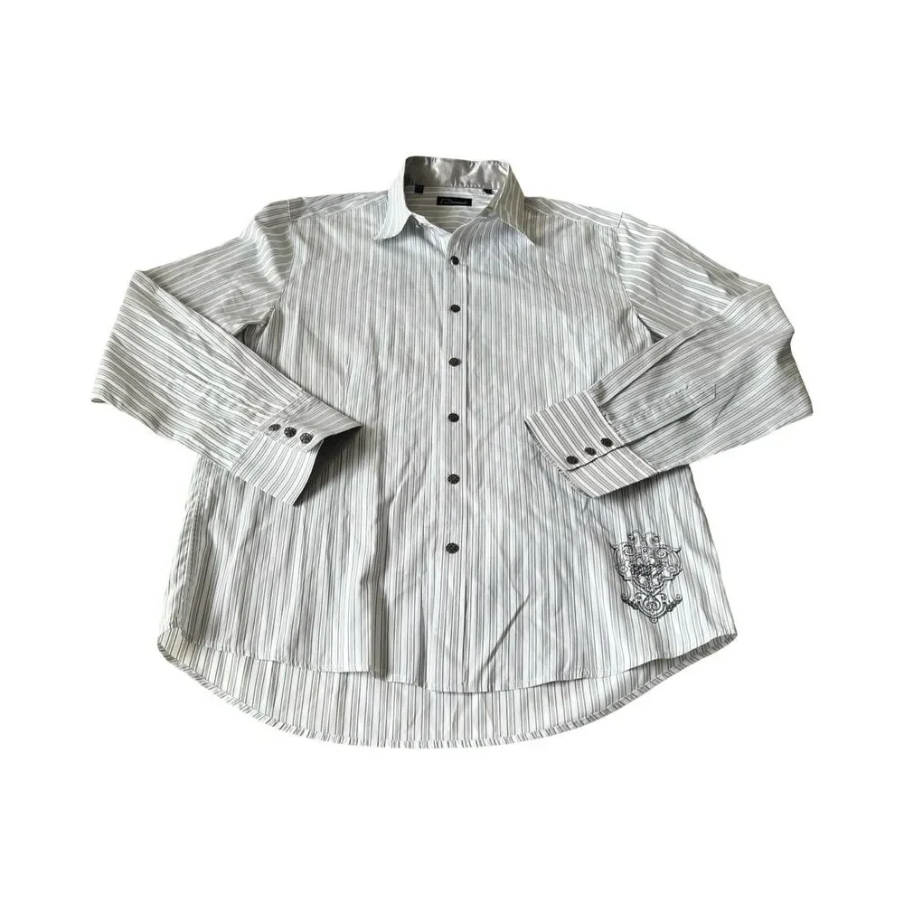 7 Diamonds Mens XXL Long Sleeve Button Down Shirt Striped Embroidered White Blue